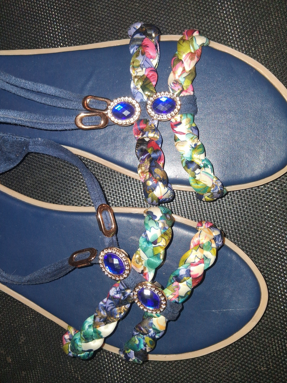 Women’s Blue Braided Floral Strap Sandals with Gem Accents